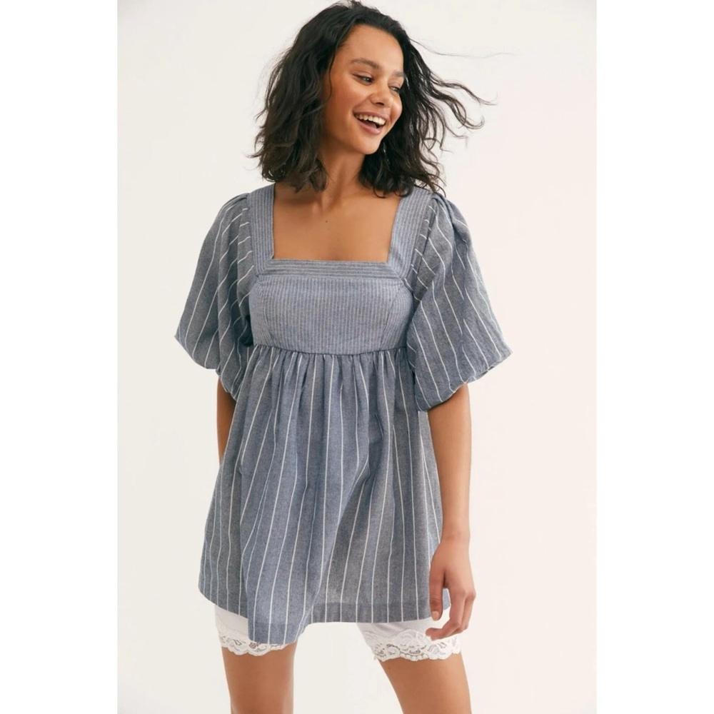 Free People Blue Stripe Gigi Tunic Top Square Neck Puff Sleeve Spring